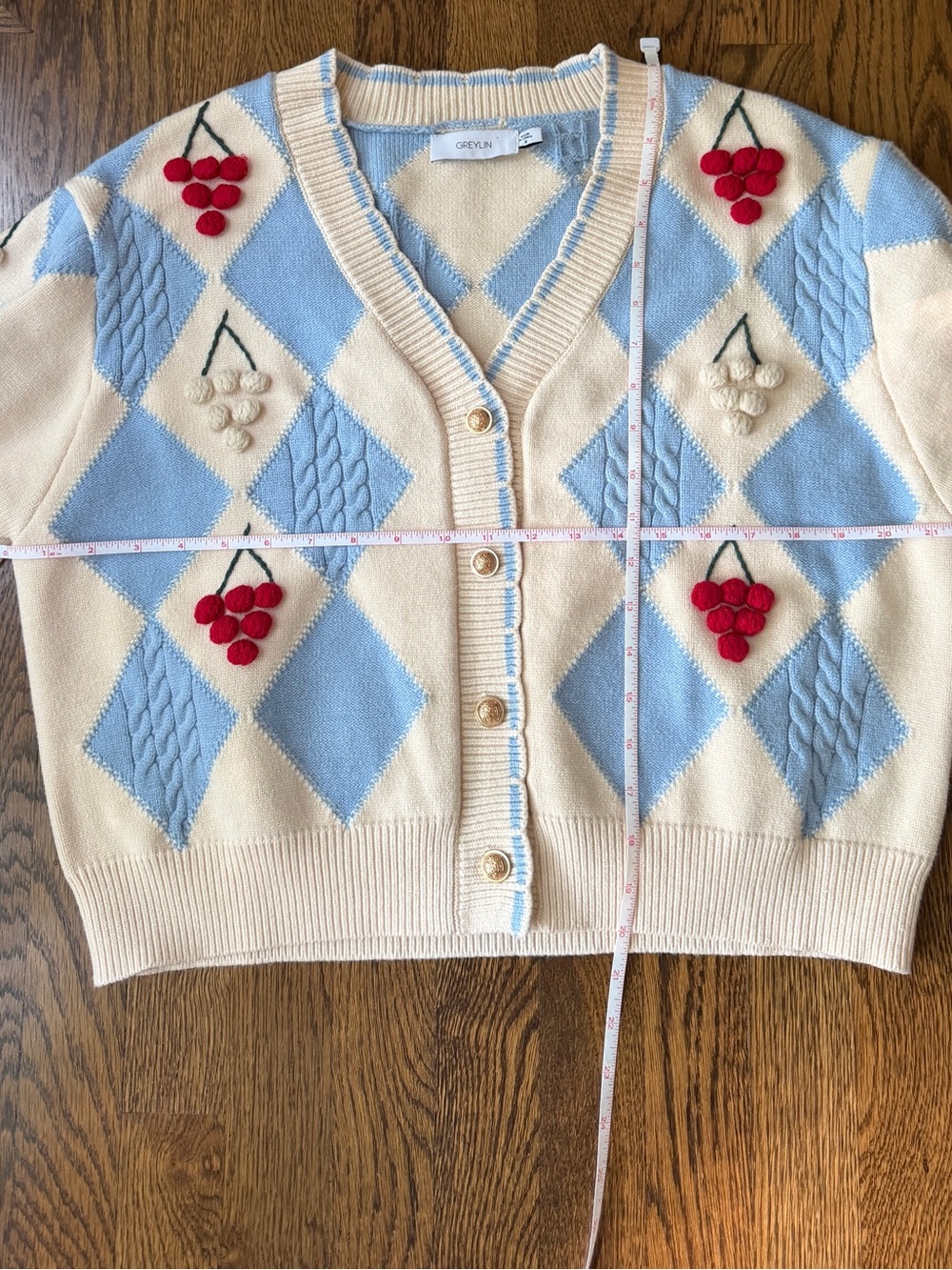 GREYLIN cardigan sweater with cherries and blue argyle pattern! So cute- Size M - Picture 4 of 6